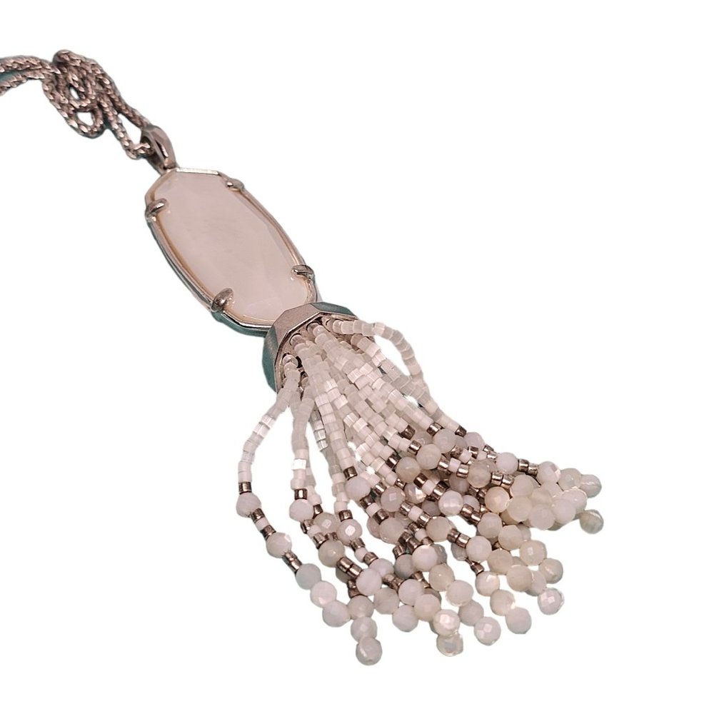 Kendra Scott Eva Necklace White Mother Of Pearl Long Tassel Pedant Beaded Silver - Picture 5 of 12